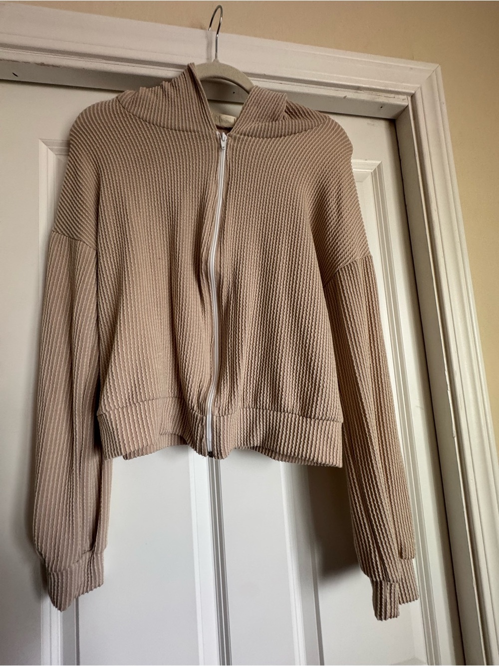 Blumin Small Tan Beige Stripe Rayon Blend Zip Up Hoodie Lightweight Jacket